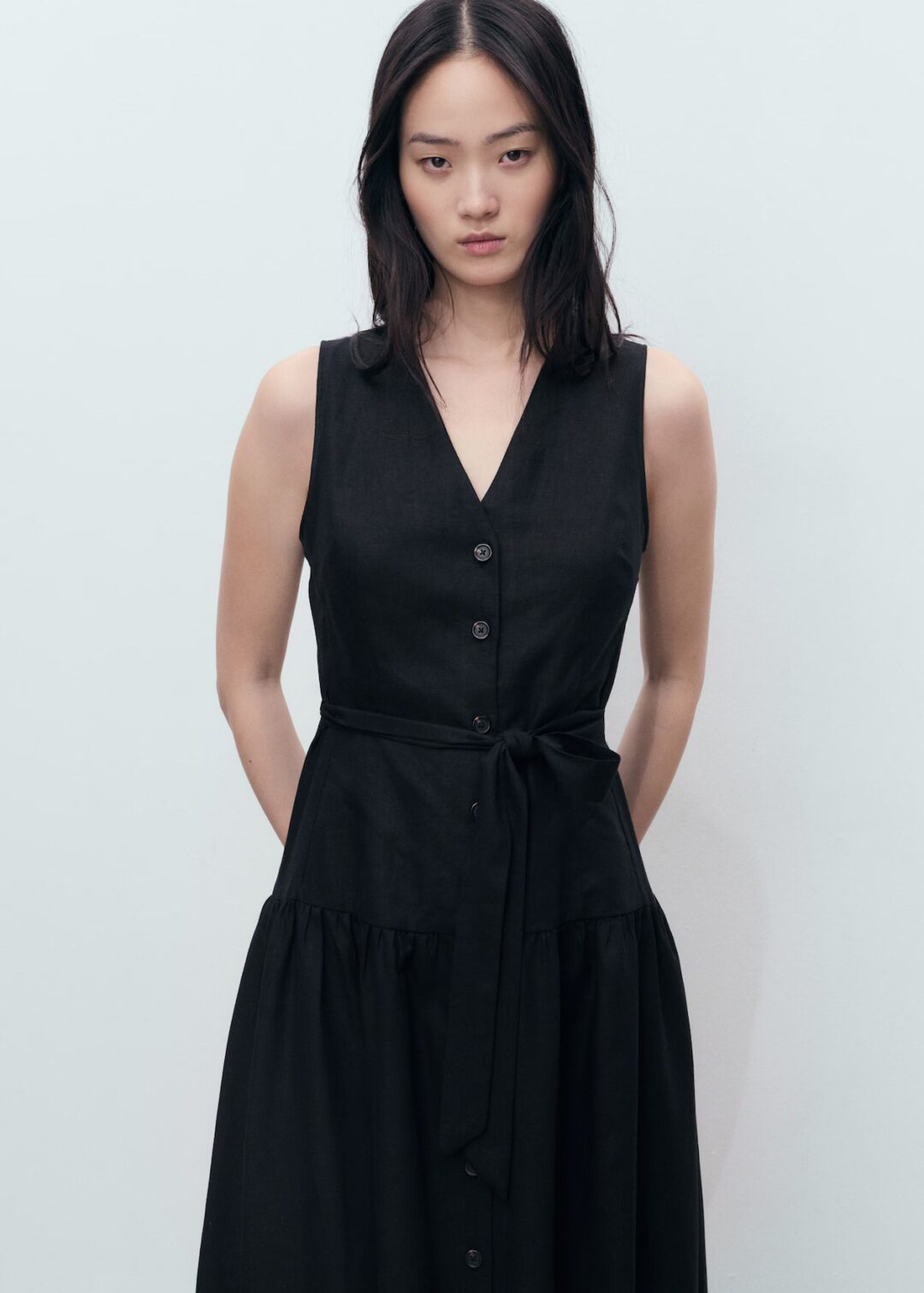 Vestido MIDI Lino cinturón MANGO