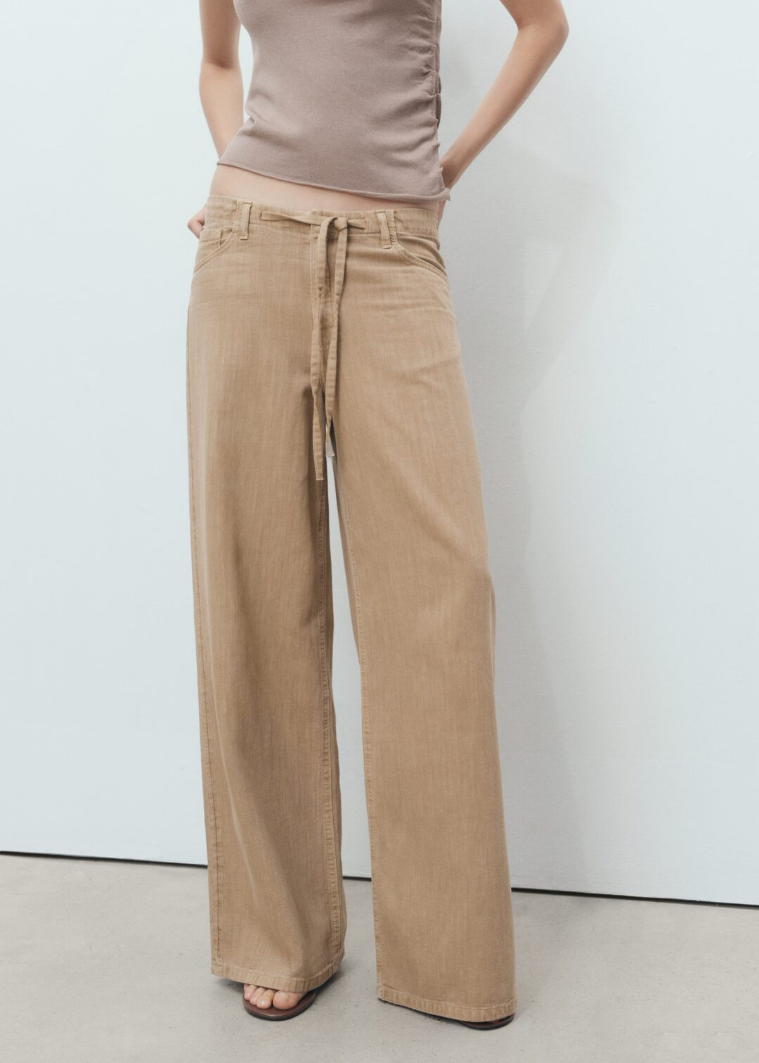Pantalón denim Wideleg cinturón arena MANGO - Image 2