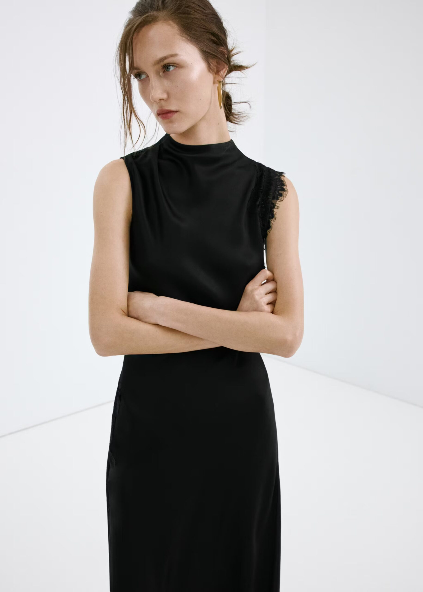 VESTIDO SATINADO DETALLES ENCAJE MANGO 2 VESTIDO SATINADO DETALLES ENCAJE MANGO - Image 2